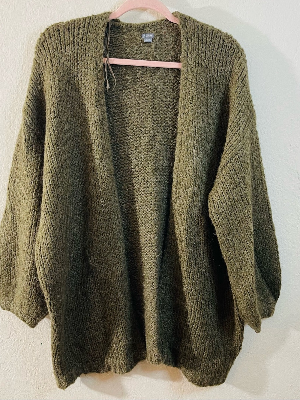 aerie Olive Green Open-Front Wool Mohair Blend Chunky Knit Cardigan Size M Boho
